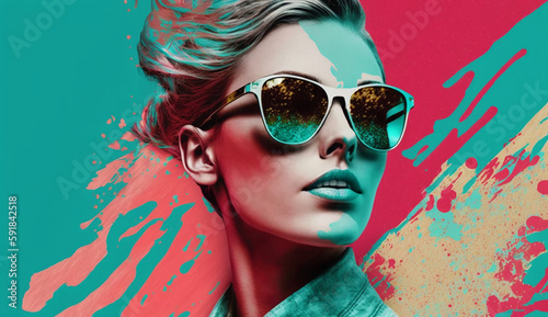 Image Generated AI. Modern portrait of a woman with sunglasses in pop art style