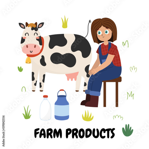 Farm Products print with a cute girl milking a cow. Organic background with a farm characters in cartoon style. Vector illustration