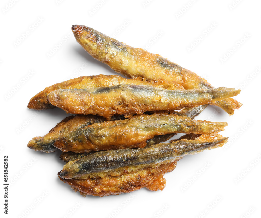 Pile of delicious fried anchovies on white background, top view Pile of delicious fried anchovies on white background, top view