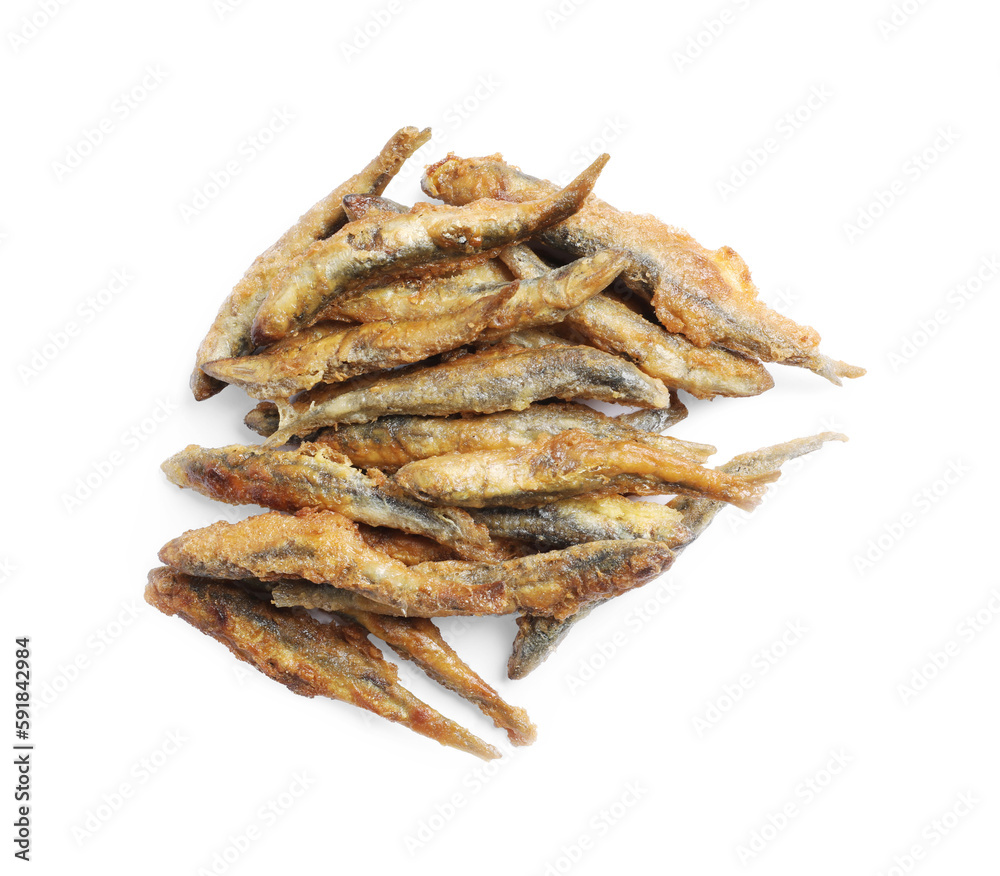 Pile of delicious fried anchovies on white background, top view Pile of delicious fried anchovies on white background, top view