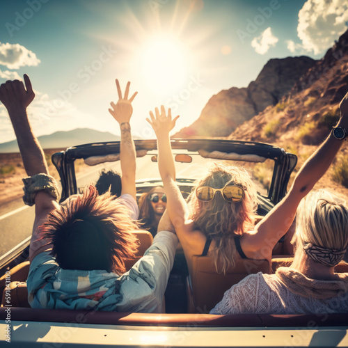 Group of friends in a convertible car. Generative AI.