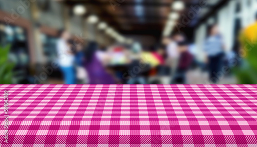 Blank pink checkered tablecloth with restaurant order display concept for decoration and background