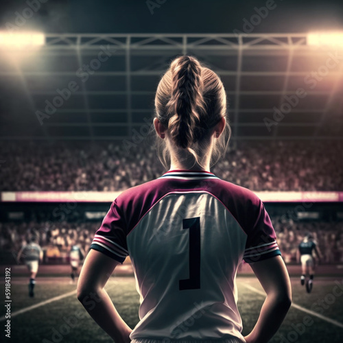 Back view of a female soccer player. Generative AI. © DALU11
