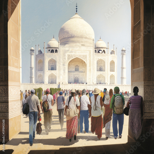 Tourists at the Taj Mahal. Generative AI.