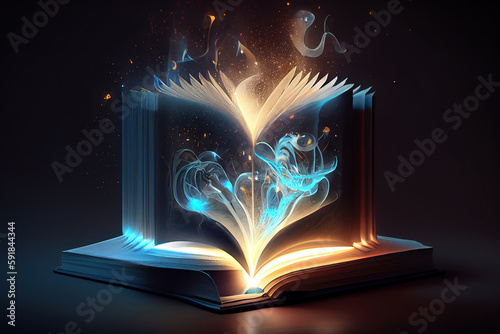 open magic book, blue cool white light from a book. Generative Ai