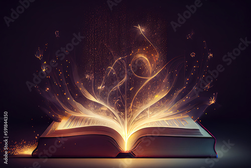 Open magic book with light coming out. Generative Ai