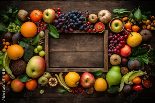 Top view of fruits and vegetables at the edge of the frame, empty in the middle, mockup ai generative illustration