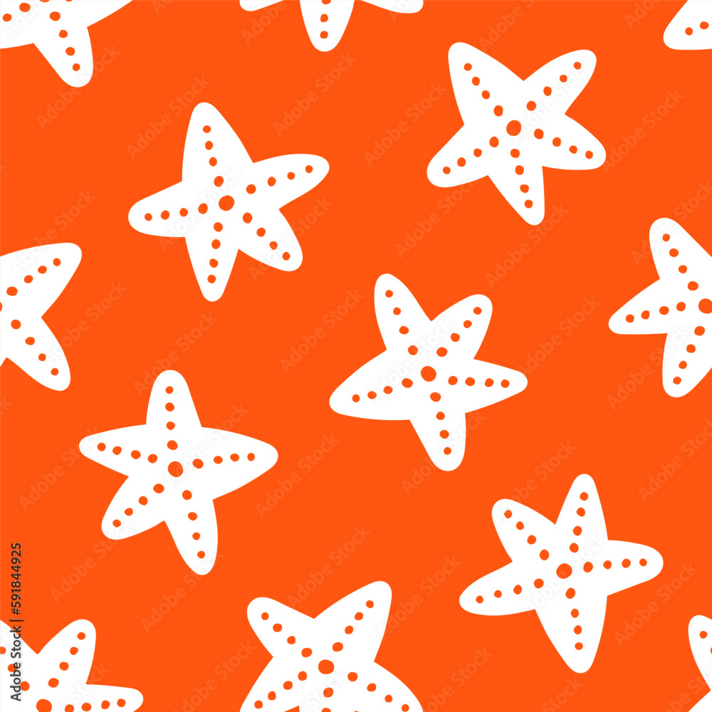 Orange seamless pattern with white starfish Orange seamless pattern with white starfish