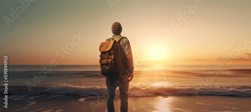 Back side of young man looking at the sea, vacations lifestyle concept. Created using generative AI tools