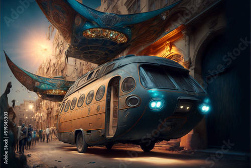 Vanlife roadtrip with a surreal, psychedelic, hippie camper van in the medina of an oriental old town. Created with Generative AI technology.