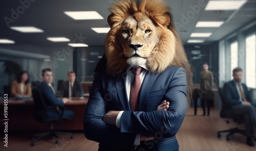 concept of leadership development, leadership skill training, leadership thought. Successful businessman lion in a business suit with arms crossed. Generative ai. © annaspoka