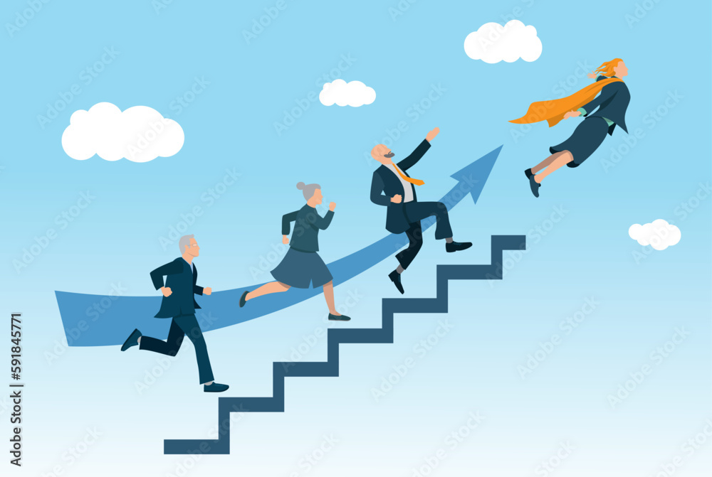 illustration vectorielle en flat design montrant un groupe d'hommes et femmes d'affaires montant un escalier dans le ciel pour s'envoler. Symbole de la réussite professionnelle - obrazy, fototapety, plakaty 