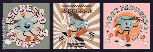 Retro poster with mascot cup of hot drink, espresso coffee, in trendy vintage cartoon style. Coffee characters in 60s, 70s old style. Vintage comic cafe mascots. Retro vector illustration.