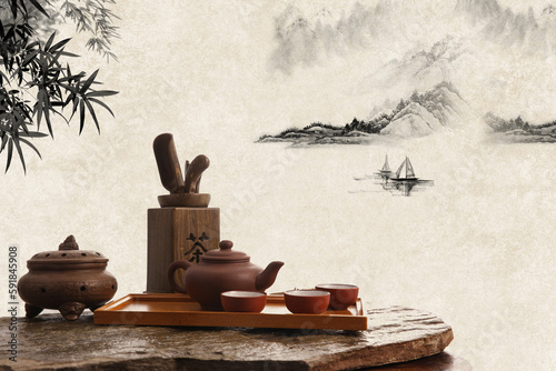 Ink painting and tea set