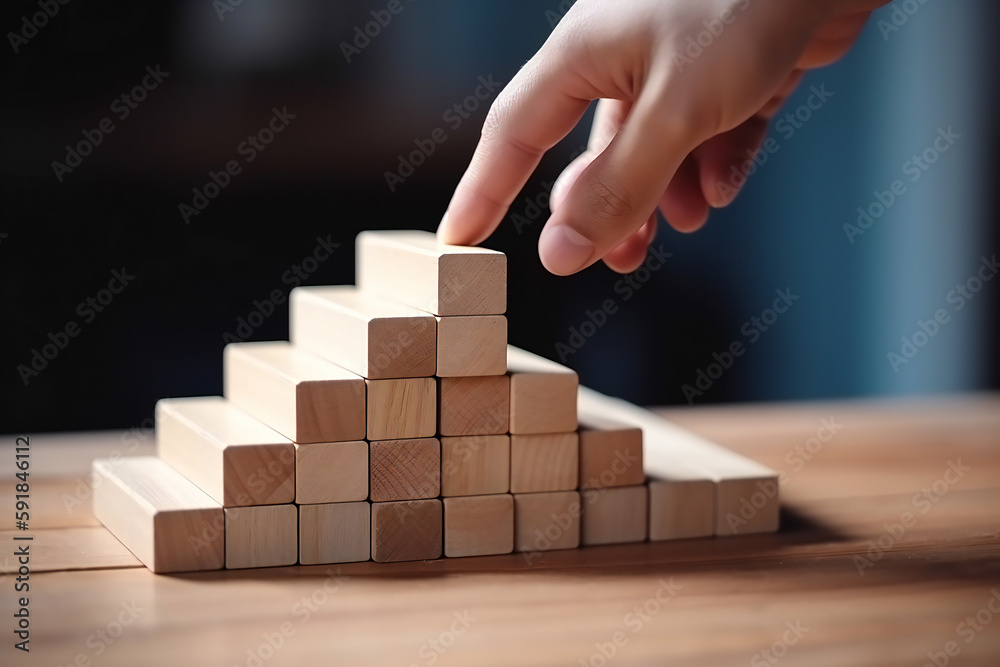 Hand arranging wood square block stacking as step stair. Business concept growth success process with copy space. Generative AI Hand arranging wood square block stacking as step stair. Business concept growth success process with copy space. Generative AI