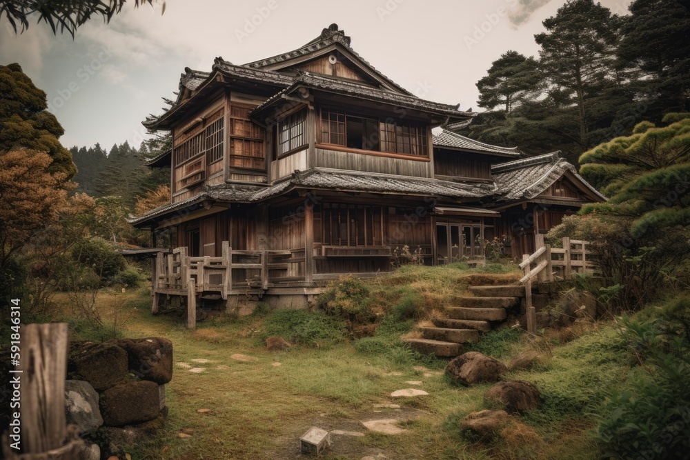 An ancient japanese house in the woods ai generative illustration An ancient japanese house in the woods ai generative illustration
