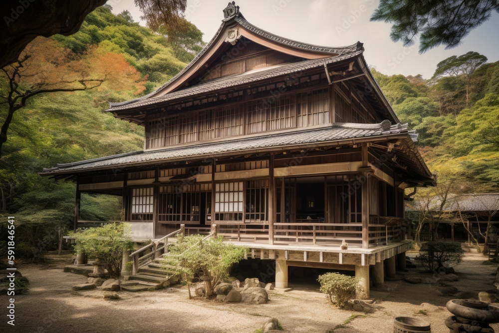 An ancient japanese house in the woods ai generative illustration