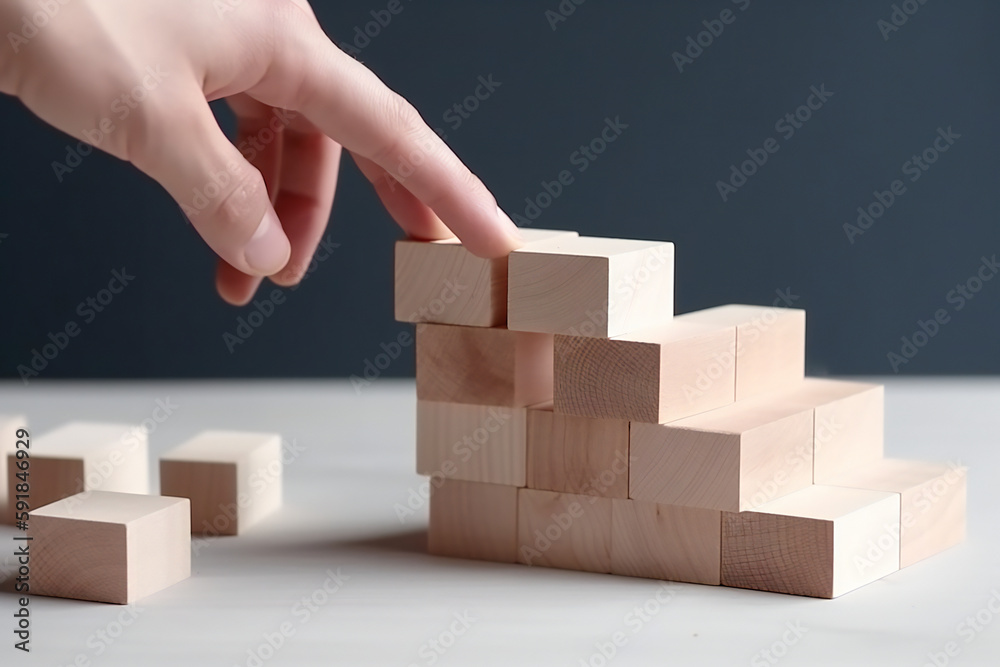 Hand arranging wood square block stacking as step stair. Business concept growth success process with copy space. Generative AI Hand arranging wood square block stacking as step stair. Business concept growth success process with copy space. Generative AI
