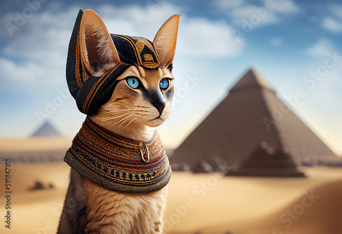 Portrait of a cat in front of the famous Egyptian pyramids in Giza. AI genarated