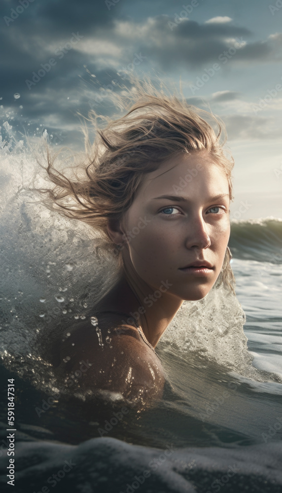 Woman swimming in the cold sea with waves and ocean spray. AI generated