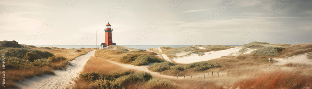 Beautiful lighthouse by the coast of Denmark surrounded by dunes and lyme grass. AI generated