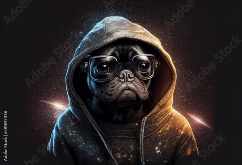 Portrait of a dog with glasses. The glass reflects the cosmos. AI genarated