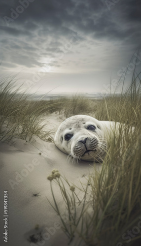 Seal in a sand dune by the coast of Denmark surrounded by lyme grass. AI generated photo