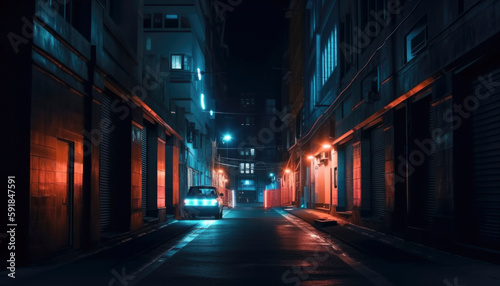 Night in a big city with neon lights in the empty street. AI generated