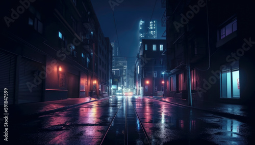 Night in a big city with neon lights in the empty street. AI generated