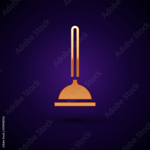 Gold Rubber plunger with wooden handle for pipe cleaning icon isolated on black background. Toilet plunger. Vector