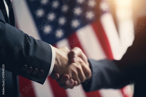 Two businessmen in business suits shaking hands on the background of the American flag. AI generated