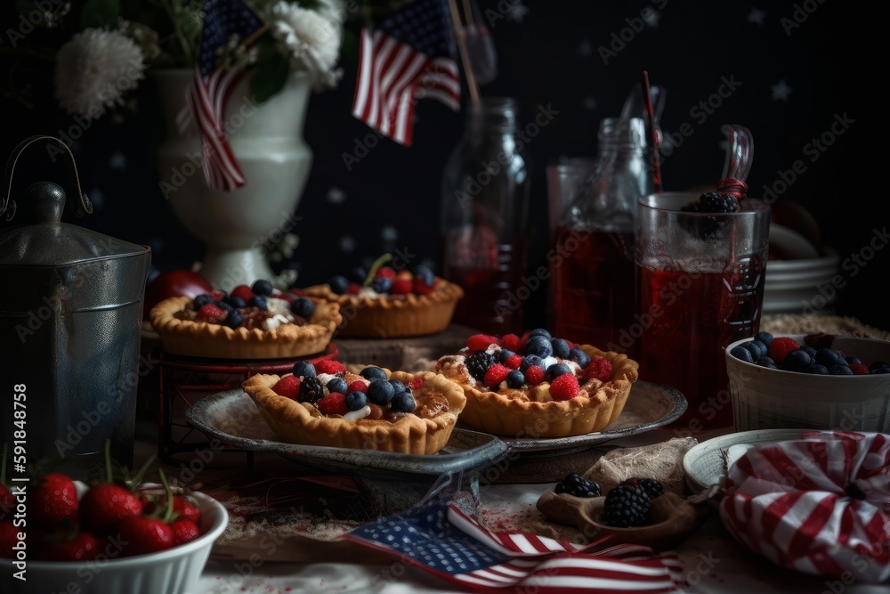 4th of July Themed Snacks, Blueberry Pie, Raspberry Pie, Table Decoration, Vintage, Independence Day, Generative AI