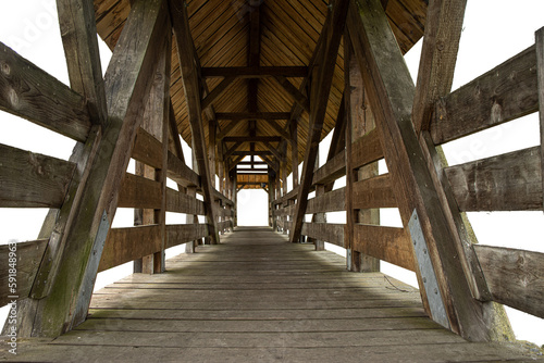 png of an Isolated old wooden bridge in perspective on transparent background.