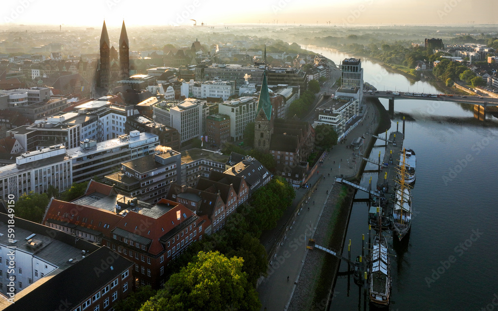 Bremen, Germany. Aerial View on Historical Center of Bremen, Marktplatz at Sunrise.