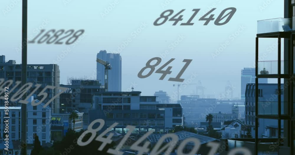 Animation of numbers and data processing over cityscape Animation of numbers and data processing over cityscape