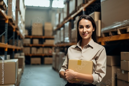 Young woman warehouse worker holding the package box in a warehouse storage. Generative AI