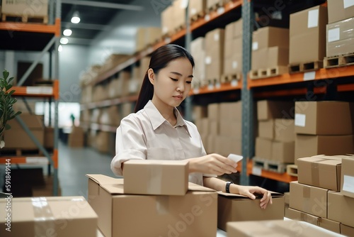 Young woman warehouse worker holding the package box in a warehouse storage. Generative AI