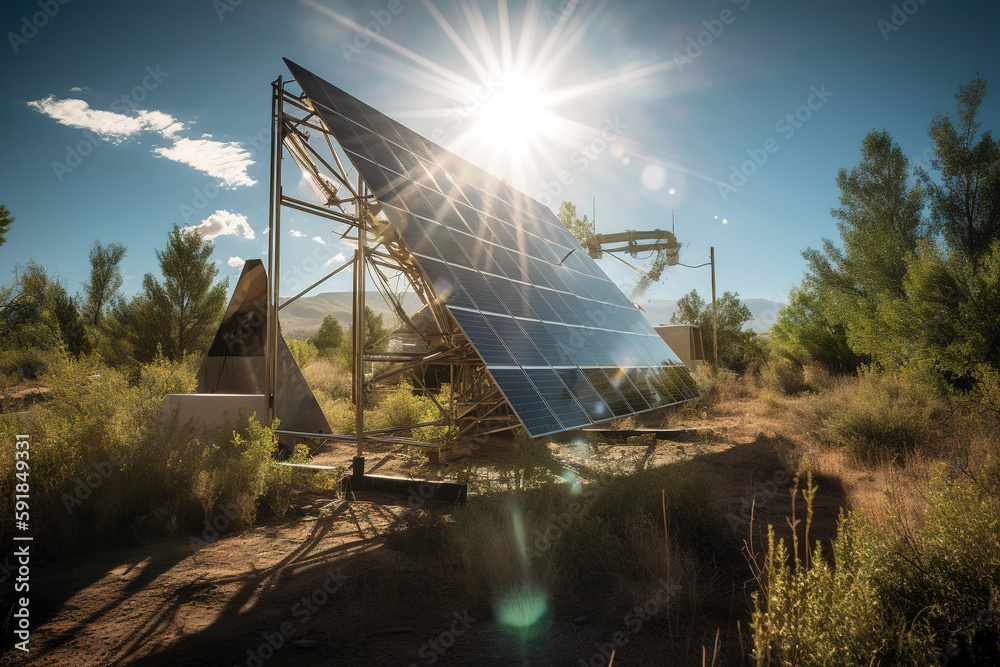 Large solar power plant with rows of photovoltaic panels neatly arranged against a clear blue sky. Representing the harmonious integration of different renewable energy sources. Generative AI.