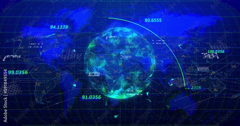 Animation of financial data processing over globe and world map Animation of financial data processing over globe and world map