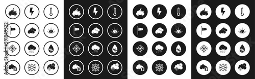 Set Thermometer, Cloud, Cone meteorology windsock wind vane, with moon and stars, Sunset, Lightning bolt, Water drop percentage and Snowflake icon. Vector