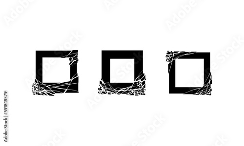Black square, frame explode, shatter shapes. Border broken, Vector geometric illustration concept set