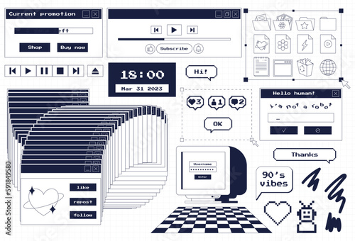 A set of user interface design elements in 80s, 90s retro style. Old computer aesthetics. Vintage nostalgic icons and windows. Folder icons, monitor, frozen dialog box, player. Vector illustration.