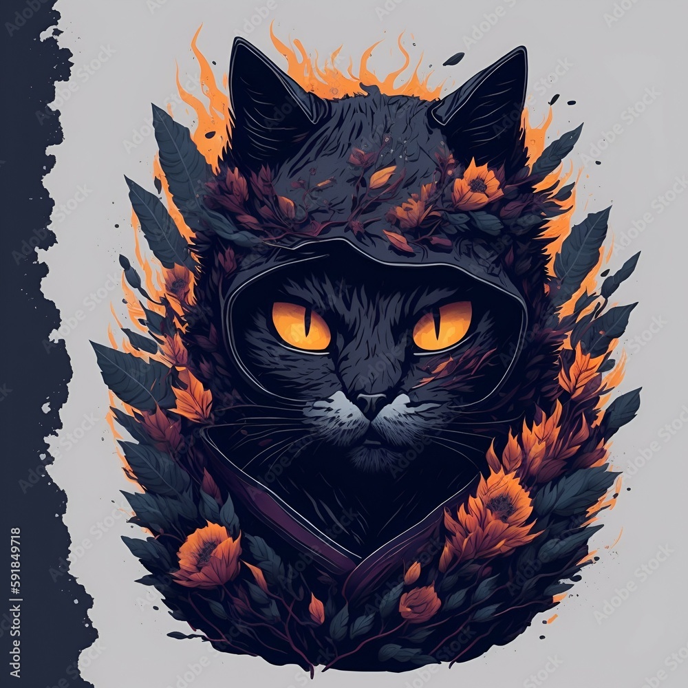 A cartoon cat with a black hoodie on his head is shown in a black and ...