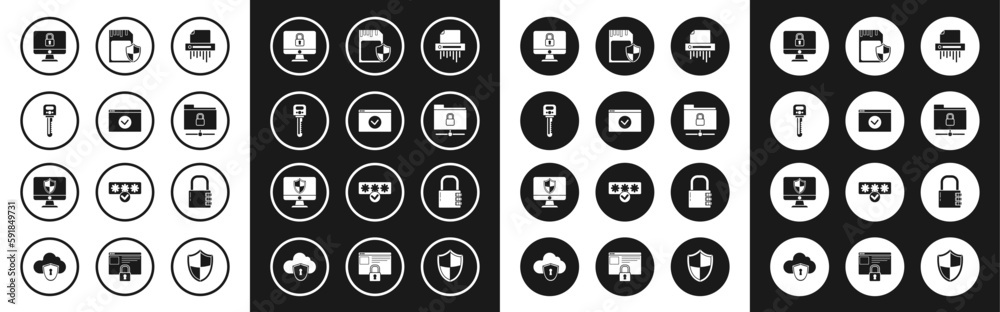 Set Paper shredder confidential, Secure your site with HTTPS, SSL, Key, Lock computer monitor screen, FTP folder and lock, SD card shield, Safe combination and Computer icon. Vector Set Paper shredder confidential, Secure your site with HTTPS, SSL, Key, Lock computer monitor screen, FTP folder and lock, SD card shield, Safe combination and Computer icon. Vector