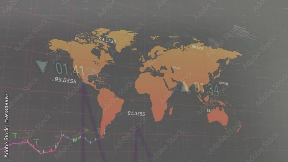 Animation of financial data processing over world map