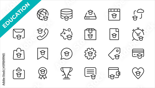 E-learning icon set. Online education icon set. Thin line icons set. Distance learning. Containing video tuition, e-learning, online course, audio course, educational website