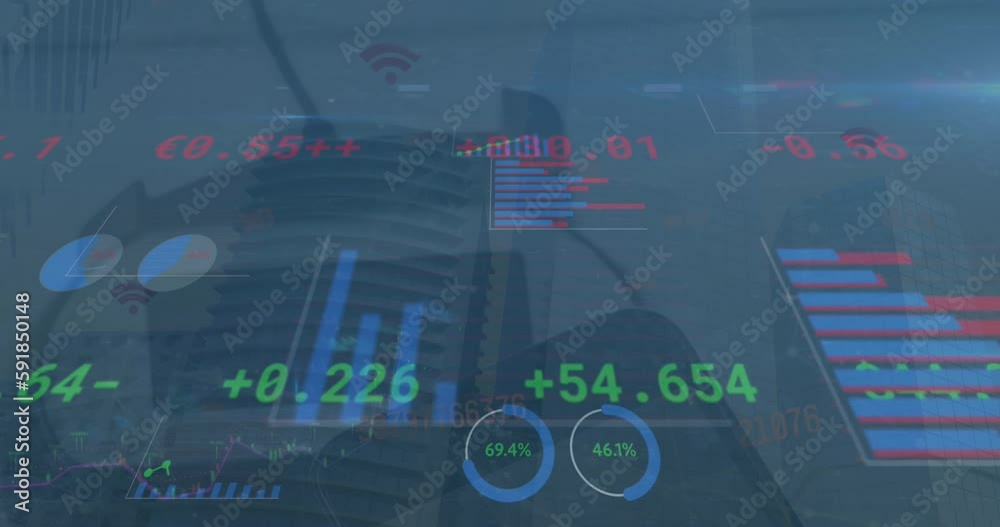 Animation of financial data processing over modern office building Animation of financial data processing over modern office building