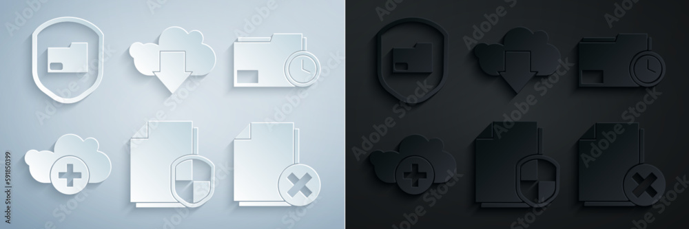 Set Document protection concept, folder with clock, Add cloud, Delete file document, Cloud download and icon. Vector Set Document protection concept, folder with clock, Add cloud, Delete file document, Cloud download and icon. Vector