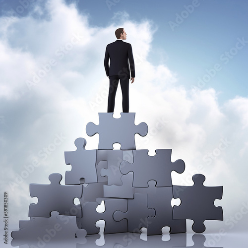 A suited man standing on top of jigsaw puzzles, business abstract.