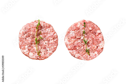 Raw pork cutlets, ground meat patty on a cutting Board. Organic mince.  Isolated, transparent background photo